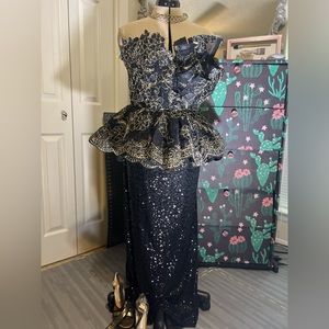Elegant black Gown with Gold Accents and sequin Formal dress. Custom mad…